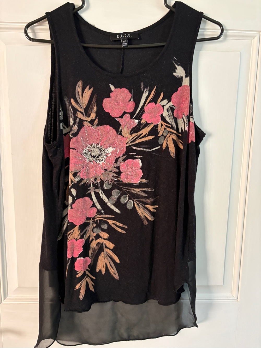 B.L.E.U. Black Tank with Pink Floral and Metallic Accents